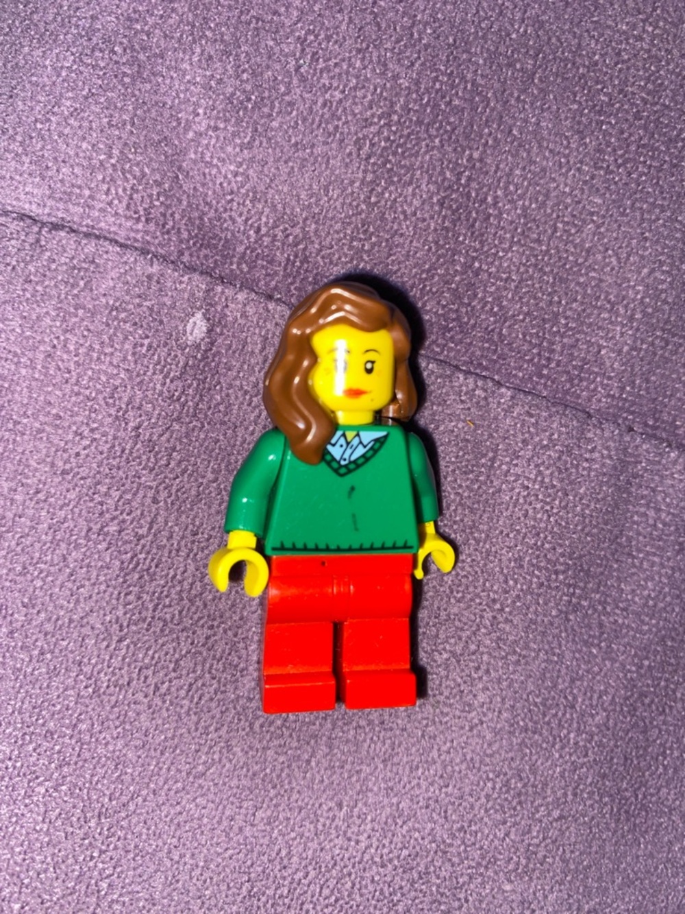 Lego Female Minifigure Green Sweater Red Pants Brown Hair Yellow Head